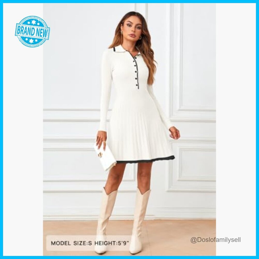 V-Neck Button Down Sweater Dress Ribbed Knit Mini Elegant Chic Work Casual - Picture 2 of 7